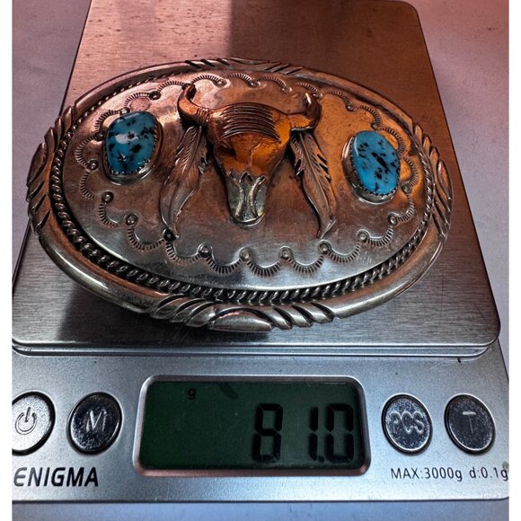 Tommy Moore Sterling Silver & 12K GF Belt Buckle Turquoise & Bull Head Design - Picture 5 of 6